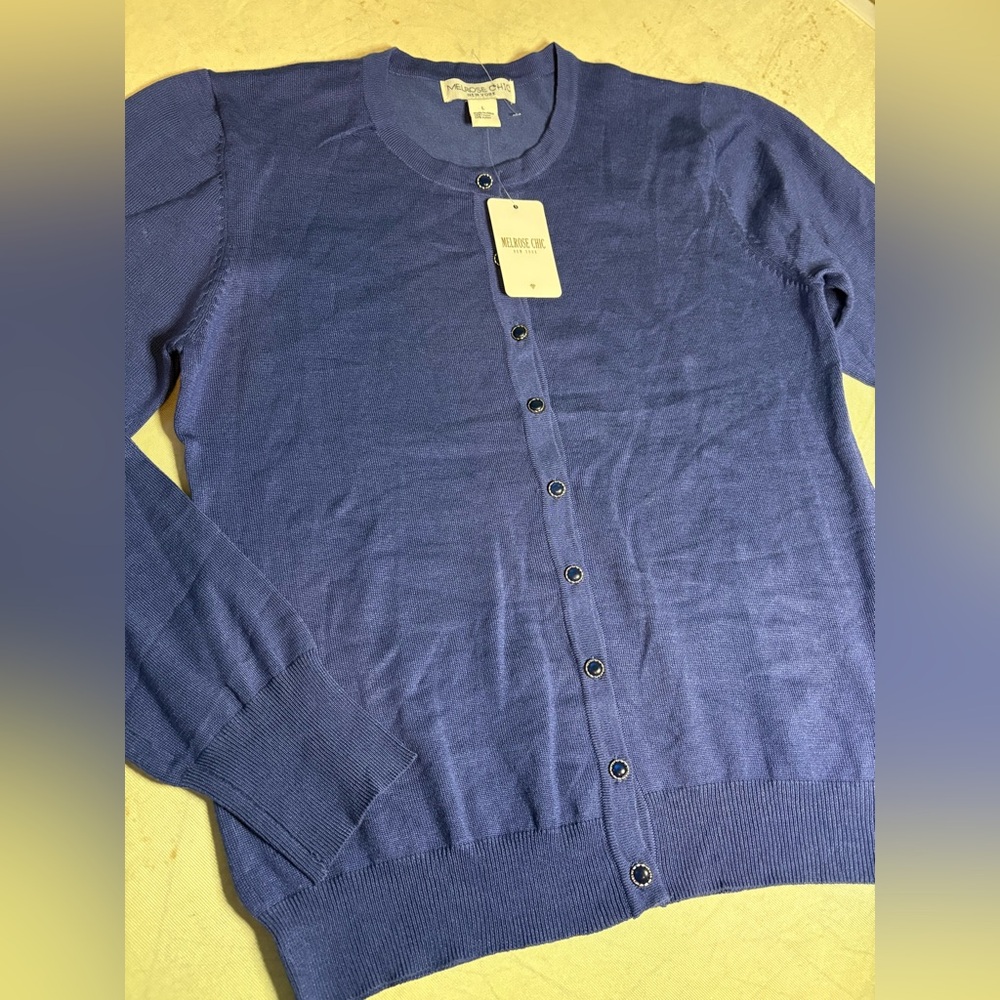Melrose Chic Navy Knit Sweater. Jeweled Buttons
